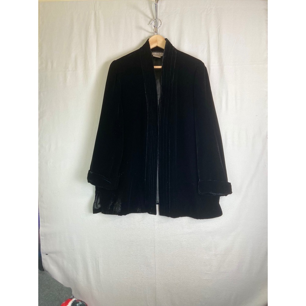 Isabella Bird Black Velvet Silk Blend Open Front Jacket XL Hook Eye Closure2
